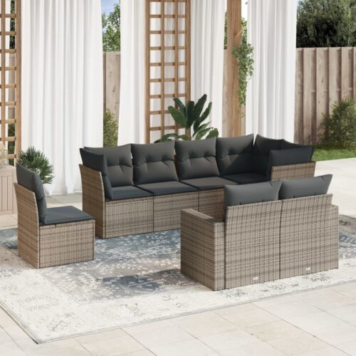 8-Piece Garden Sofa Set with Cushions Grey Poly Rattan Wicker Outdoor Patio Furniture - Image 2