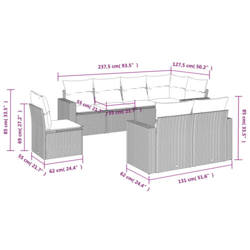 8-Piece Garden Sofa Set with Cushions Grey Poly Rattan Wicker Outdoor Patio Furniture - Image 3