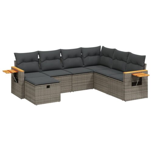 7-Piece Garden Sofa Set with Cushions Grey Poly Rattan Wicker Outdoor Patio Furniture - Image 6