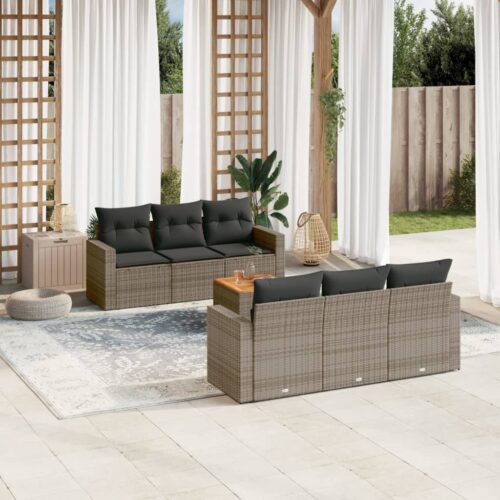 7-Piece Garden Sofa Set with Cushions Grey Poly Rattan Wicker Outdoor Patio Furniture - Image 2