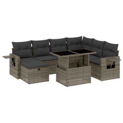 8-Piece Garden Sofa Set with Cushions Grey Poly Rattan Wicker Outdoor Patio Furniture
