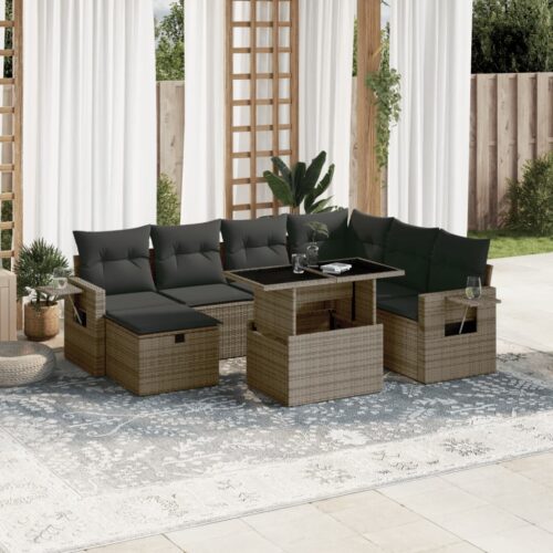8-Piece Garden Sofa Set with Cushions Grey Poly Rattan Wicker Outdoor Patio Furniture - Image 2