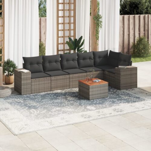 7-Piece Garden Sofa Set with Cushions Grey Poly Rattan Wicker Outdoor Patio Furniture - Image 2