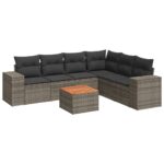 7-Piece Garden Sofa Set with Cushions Grey Poly Rattan Wicker Outdoor Patio Furniture