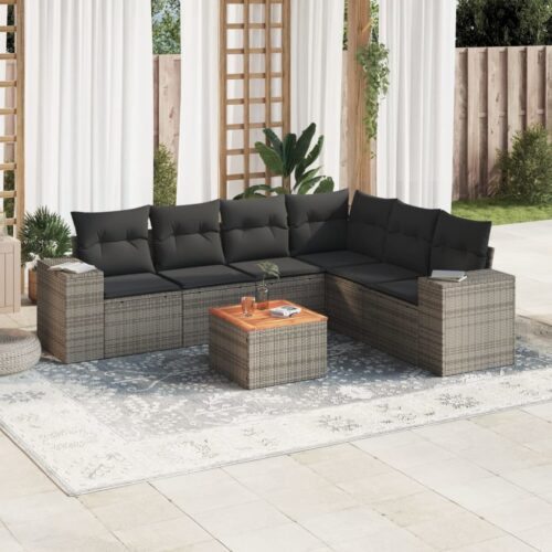 7-Piece Garden Sofa Set with Cushions Grey Poly Rattan Wicker Outdoor Patio Furniture - Image 2