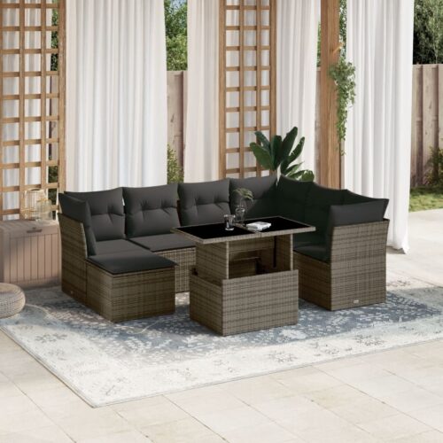 8-Piece Garden Sofa Set with Cushions Grey Poly Rattan Wicker Outdoor Patio Furniture - Image 2