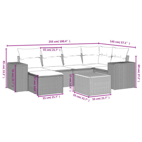 7-Piece Garden Sofa Set with Cushions Grey Poly Rattan Wicker Outdoor Patio Furniture - Image 9