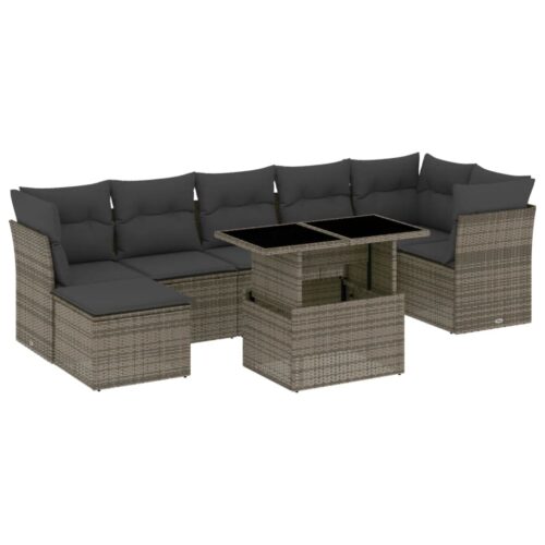 8-Piece Garden Sofa Set with Cushions Grey Poly Rattan Wicker Outdoor Patio Furniture