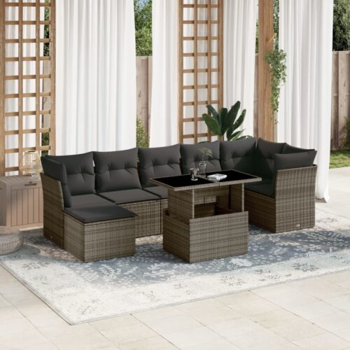 8-Piece Garden Sofa Set with Cushions Grey Poly Rattan Wicker Outdoor Patio Furniture - Image 2