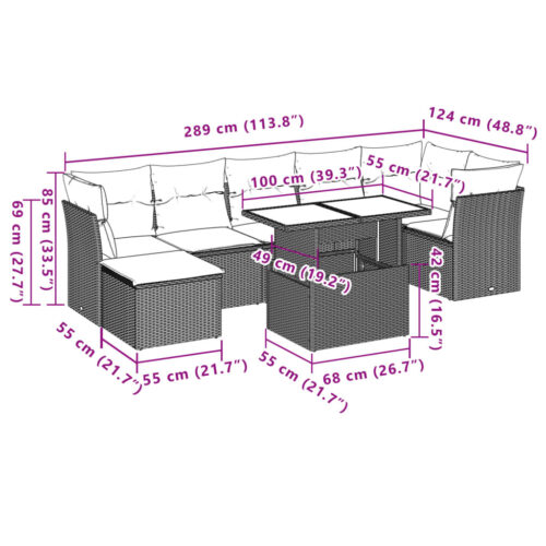 8-Piece Garden Sofa Set with Cushions Grey Poly Rattan Wicker Outdoor Patio Furniture - Image 10