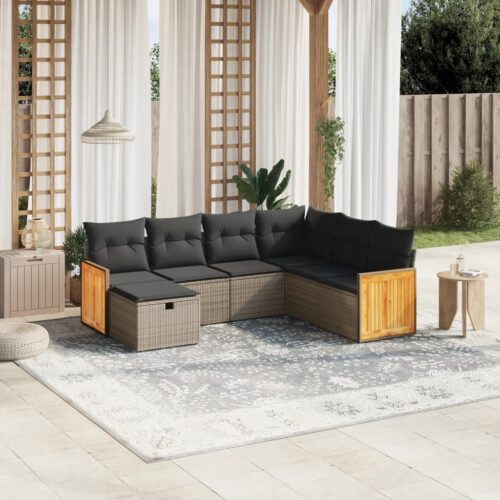 7-Piece Garden Sofa Set with Cushions Grey Poly Rattan Wicker Outdoor Patio Furniture - Image 2