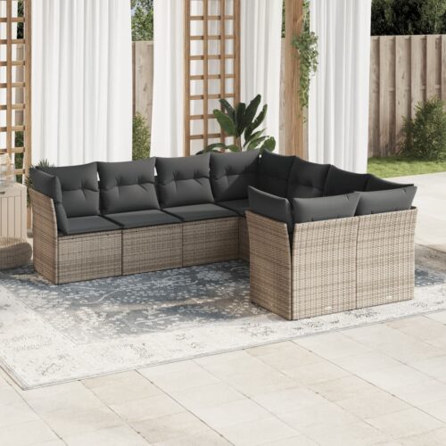 8-Piece Garden Sofa Set with Cushions Grey Poly Rattan Wicker Outdoor Patio Furniture - Image 2