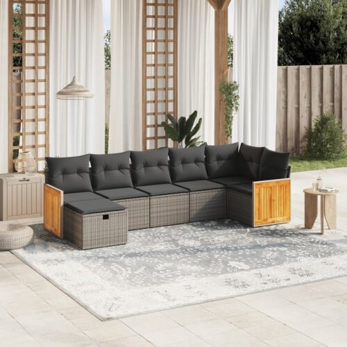 7-Piece Garden Sofa Set with Cushions Grey Poly Rattan Wicker Outdoor Patio Furniture - Image 2