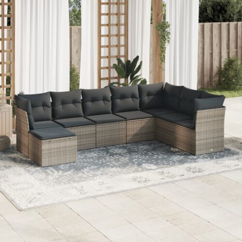 8-Piece Garden Sofa Set with Cushions Grey Poly Rattan Wicker Outdoor Patio Furniture - Image 2