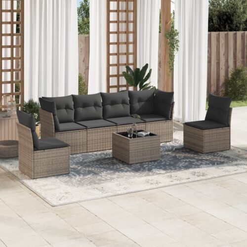 7-Piece Garden Sofa Set with Cushions Grey Poly Rattan Wicker Outdoor Patio Furniture - Image 2