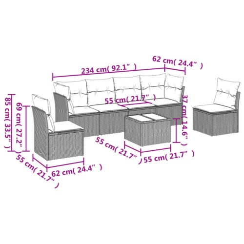 7-Piece Garden Sofa Set with Cushions Grey Poly Rattan Wicker Outdoor Patio Furniture - Image 3