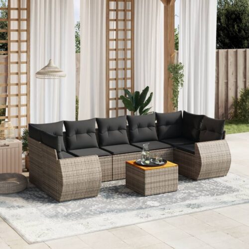 8-Piece Garden Sofa Set with Cushions Grey Poly Rattan Wicker Outdoor Patio Furniture - Image 2