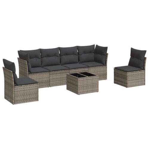 7-Piece Garden Sofa Set with Cushions Grey Poly Rattan Wicker Outdoor Patio Furniture - Image 5