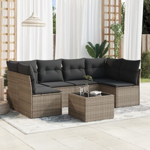 7-Piece Garden Sofa Set with Cushions Grey Poly Rattan Wicker Outdoor Patio Furniture - Image 2