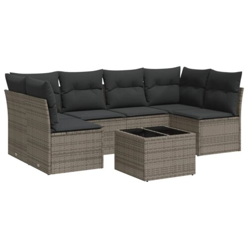 7-Piece Garden Sofa Set with Cushions Grey Poly Rattan Wicker Outdoor Patio Furniture - Image 5