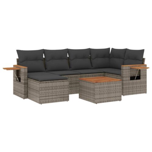 7-Piece Garden Sofa Set with Cushions Grey Poly Rattan Wicker Outdoor Patio Furniture