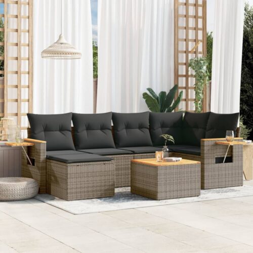 7-Piece Garden Sofa Set with Cushions Grey Poly Rattan Wicker Outdoor Patio Furniture - Image 2