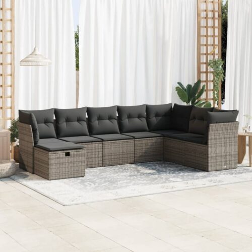 8-Piece Garden Sofa Set with Cushions Grey Poly Rattan Wicker Outdoor Patio Furniture - Image 2