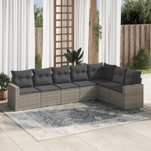 7-Piece Garden Sofa Set with Cushions Grey Poly Rattan Wicker Outdoor Patio Furniture - Image 2