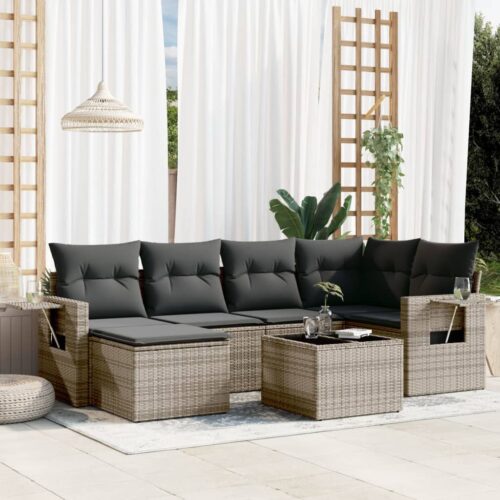 7-Piece Garden Sofa Set with Cushions Grey Poly Rattan Wicker Outdoor Patio Furniture - Image 2