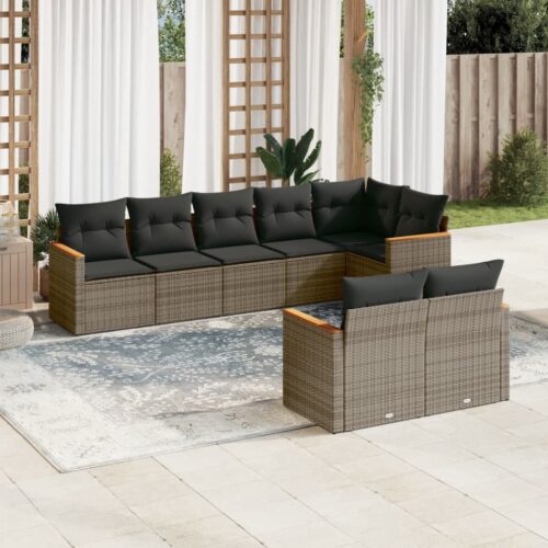 8-Piece Garden Sofa Set with Cushions Grey Poly Rattan Wicker Outdoor Patio Furniture - Image 2