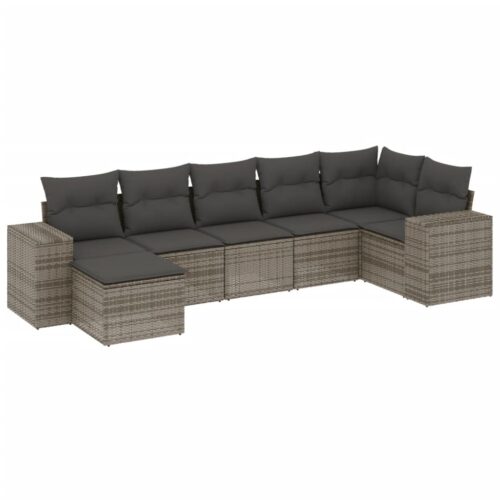 7-Piece Garden Sofa Set with Cushions Grey Poly Rattan Wicker Outdoor Patio Furniture