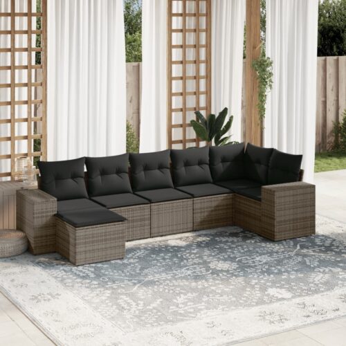 7-Piece Garden Sofa Set with Cushions Grey Poly Rattan Wicker Outdoor Patio Furniture - Image 2