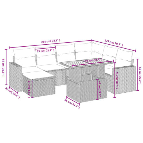8-Piece Garden Sofa Set with Cushions Grey Poly Rattan Wicker Outdoor Patio Furniture - Image 4
