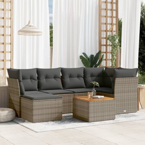 7-Piece Garden Sofa Set with Cushions Grey Poly Rattan Wicker Outdoor Patio Furniture - Image 2