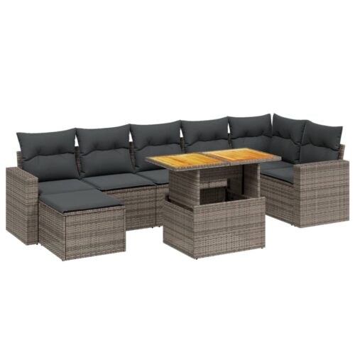 8-Piece Garden Sofa Set with Cushions Grey Poly Rattan Wicker Outdoor Patio Furniture