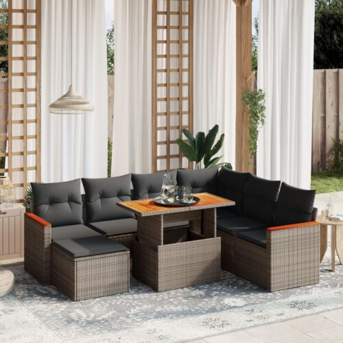 8-Piece Garden Sofa Set with Cushions Grey Poly Rattan Wicker Outdoor Patio Furniture - Image 2