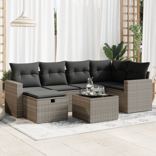 7-Piece Garden Sofa Set with Cushions Grey Poly Rattan Wicker Outdoor Patio Furniture - Image 2