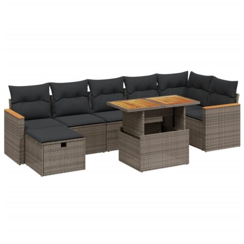 8-Piece Garden Sofa Set with Cushions Grey Poly Rattan Wicker Outdoor Patio Furniture