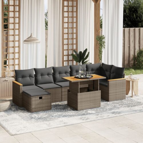 8-Piece Garden Sofa Set with Cushions Grey Poly Rattan Wicker Outdoor Patio Furniture - Image 2