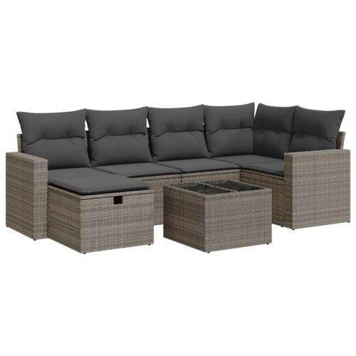 7-Piece Garden Sofa Set with Cushions Grey Poly Rattan Wicker Outdoor Patio Furniture - Image 13