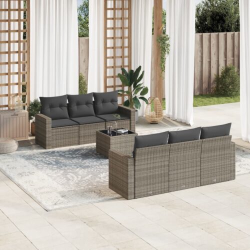 7-Piece Garden Sofa Set with Cushions Grey Poly Rattan Wicker Outdoor Patio Furniture - Image 2