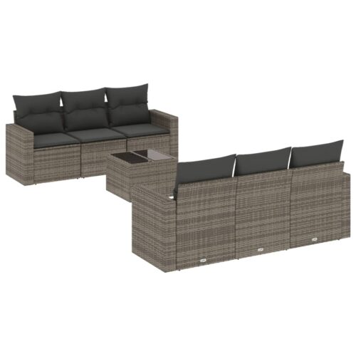 7-Piece Garden Sofa Set with Cushions Grey Poly Rattan Wicker Outdoor Patio Furniture - Image 5