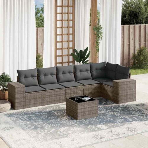7-Piece Garden Sofa Set with Cushions Grey Poly Rattan Wicker Outdoor Patio Furniture - Image 2