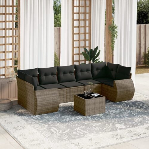 8-Piece Garden Sofa Set with Cushions Grey Poly Rattan Wicker Outdoor Patio Furniture - Image 2