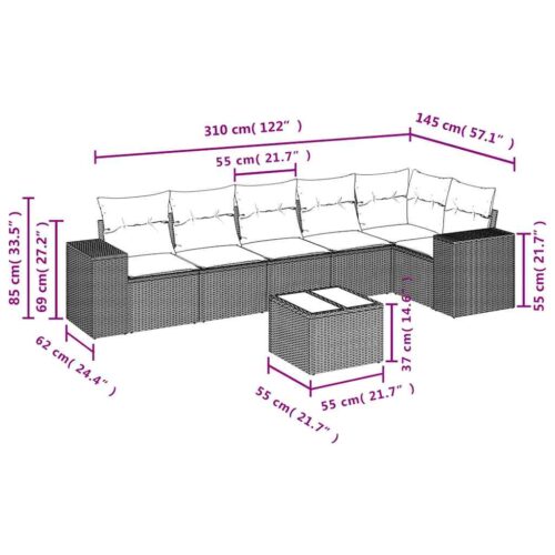7-Piece Garden Sofa Set with Cushions Grey Poly Rattan Wicker Outdoor Patio Furniture - Image 8