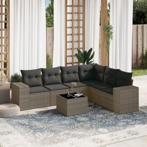 7-Piece Garden Sofa Set with Cushions Grey Poly Rattan Wicker Outdoor Patio Furniture - Image 2
