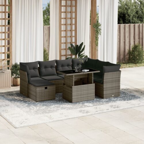 8-Piece Garden Sofa Set with Cushions Grey Poly Rattan Wicker Outdoor Patio Furniture - Image 2