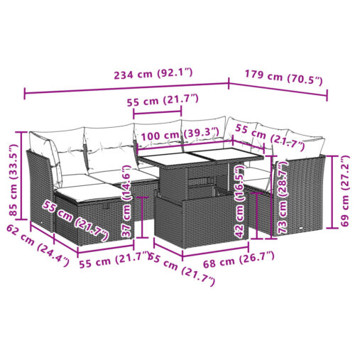 8-Piece Garden Sofa Set with Cushions Grey Poly Rattan Wicker Outdoor Patio Furniture - Image 12