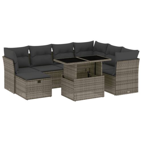 8-Piece Garden Sofa Set with Cushions Grey Poly Rattan Wicker Outdoor Patio Furniture - Image 13