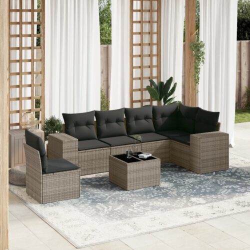 7-Piece Garden Sofa Set with Cushions Grey Poly Rattan Wicker Outdoor Patio Furniture - Image 2